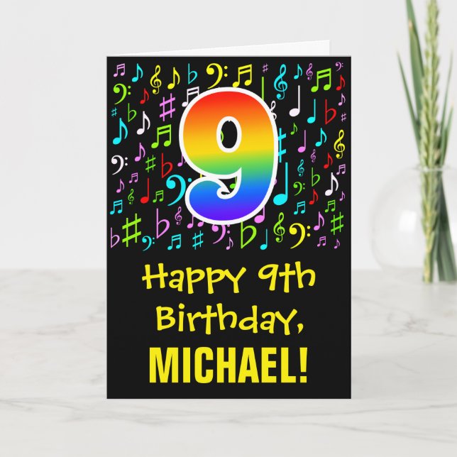 9th Birthday: Colorful Music Symbols + Rainbow 9 Card (Front)