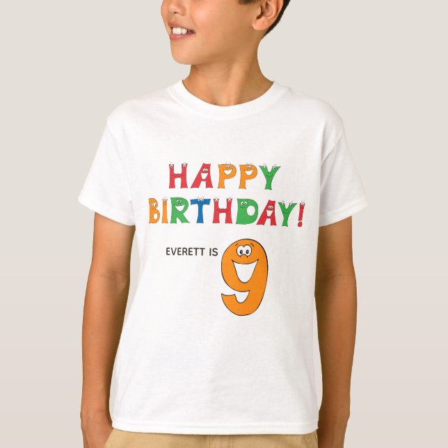 9th Birthday Colourful Alphabet with Name Kids T-Shirt (Front)