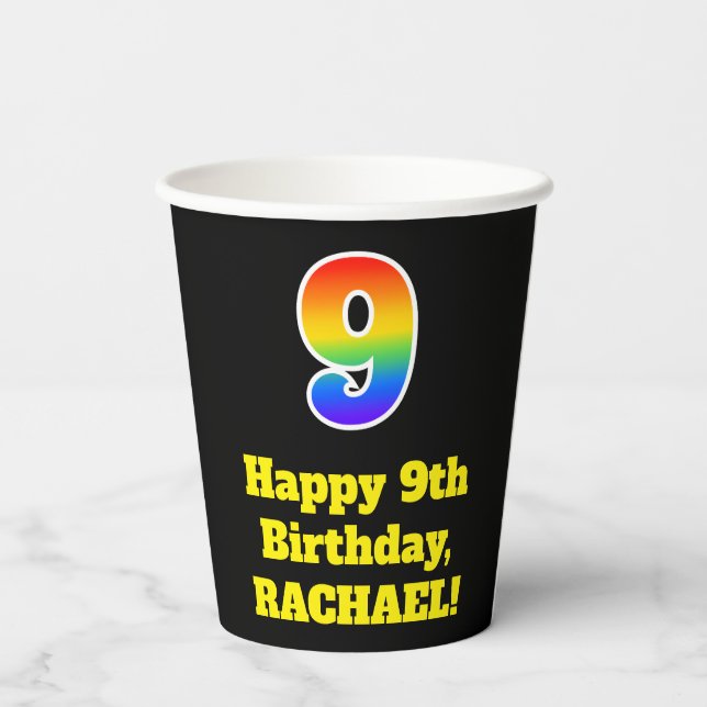 9th Birthday: Colourful, Fun, Exciting, Rainbow 9 Paper Cups (Back)