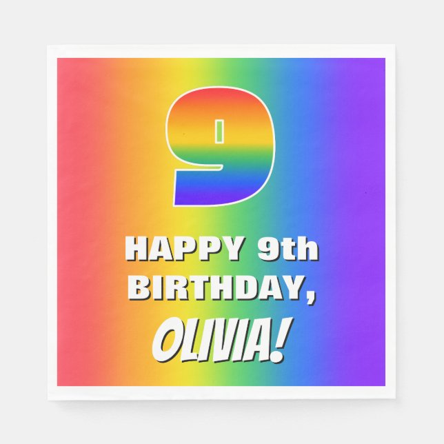 9th Birthday: Colourful, Fun Rainbow Pattern # 9 Napkin (Front)