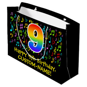 9th Birthday - Colourful Music Symbols, Rainbow 9 Large Gift Bag