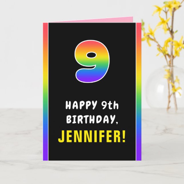 9th Birthday: Colourful Rainbow # 9, Custom Name Card (Yellow Flower)