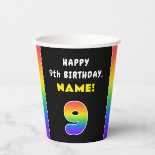 9th Birthday: Colourful Rainbow # 9, Custom Name Paper Cups