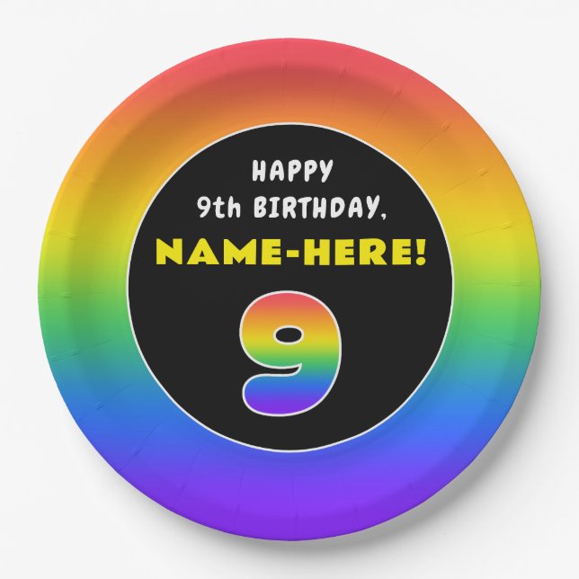 9th Birthday: Colourful Rainbow # 9, Custom Name Paper Plate (Front)