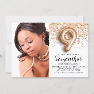9th Birthday Confetti Gold Portrait Invitation