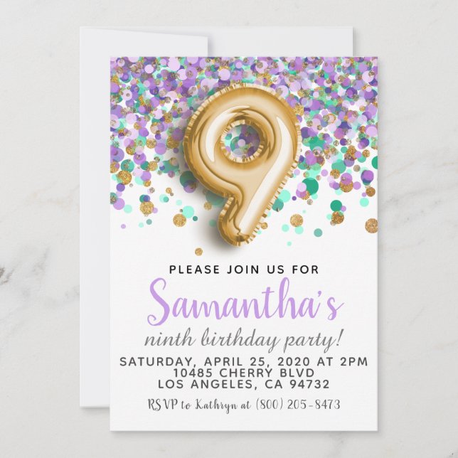 9th Birthday Confetti Invitation (Front)