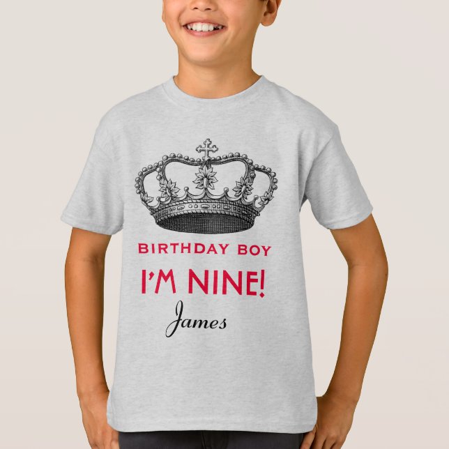 9th Birthday Custom Name Crown Gift Idea T-Shirt (Front)