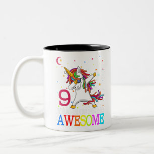 9th Birthday Dabbing Unicorn Party Gift 9 Years Two-Tone Coffee Mug