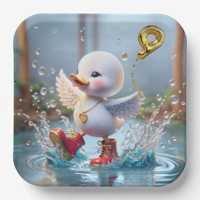 9th Birthday Duck Dancing In a Rain Puddle Paper Plate (Front)