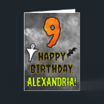9th Birthday: Eerie Halloween Theme   Custom Name Card<br><div class="desc">The front of this spooky and scary Hallowe’en themed birthday greeting card design features a large number “9” and the message “HAPPY BIRTHDAY, ”, plus a custom name. There are also depictions of a bat and a ghost on the front. The inside features a custom birthday greeting message, or could...</div>