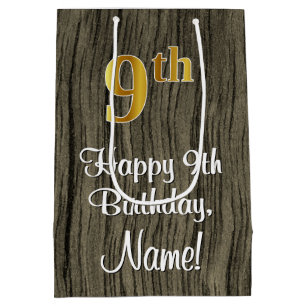 9th Birthday: Elegant Faux Gold Look #, Faux Wood Medium Gift Bag