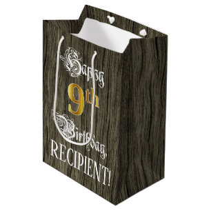 9th Birthday: Faux Gold Look & Faux Wood Pattern Medium Gift Bag