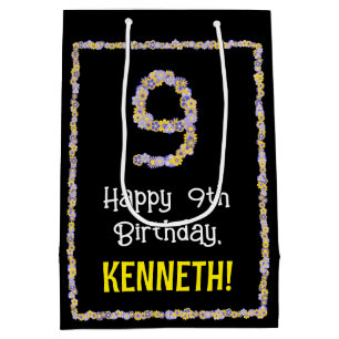 9th Birthday: Floral Flowers Number, Custom Name Medium Gift Bag