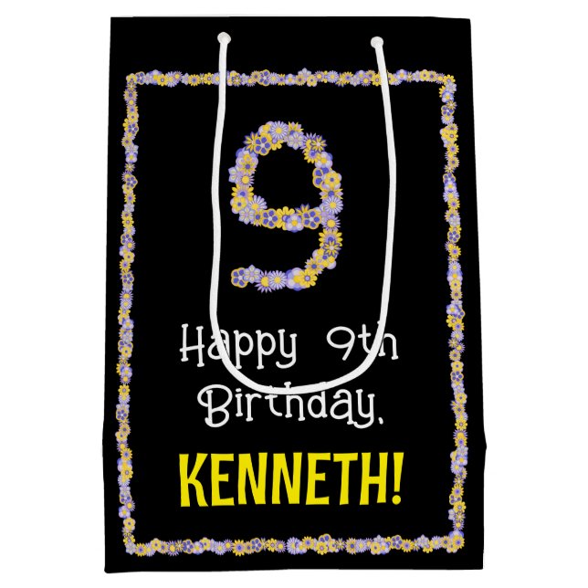 9th Birthday: Floral Flowers Number, Custom Name Medium Gift Bag (Back)