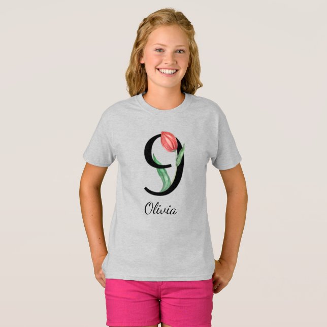 9th Birthday Floral Personalised Name T-Shirt (Front Full)