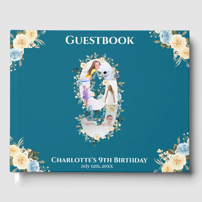 9th Birthday Flower Teal Photo Collage Blue Yellow Guest Book (Front)