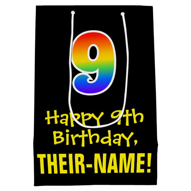 9th Birthday: Fun, Bold, Colourful, Rainbow "9" Medium Gift Bag