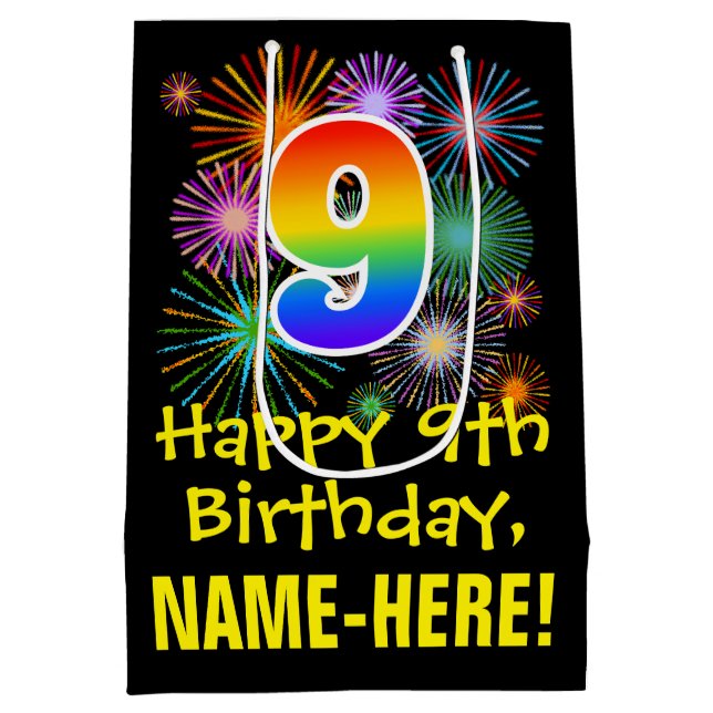 9th Birthday: Fun Fireworks Pattern + Rainbow 9 Medium Gift Bag (Back)