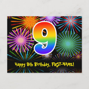 9th Birthday – Fun Fireworks Pattern + Rainbow 9 Postcard
