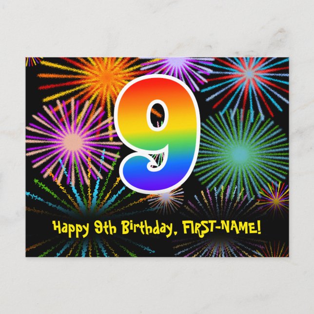 9th Birthday – Fun Fireworks Pattern + Rainbow 9 Postcard (Front)