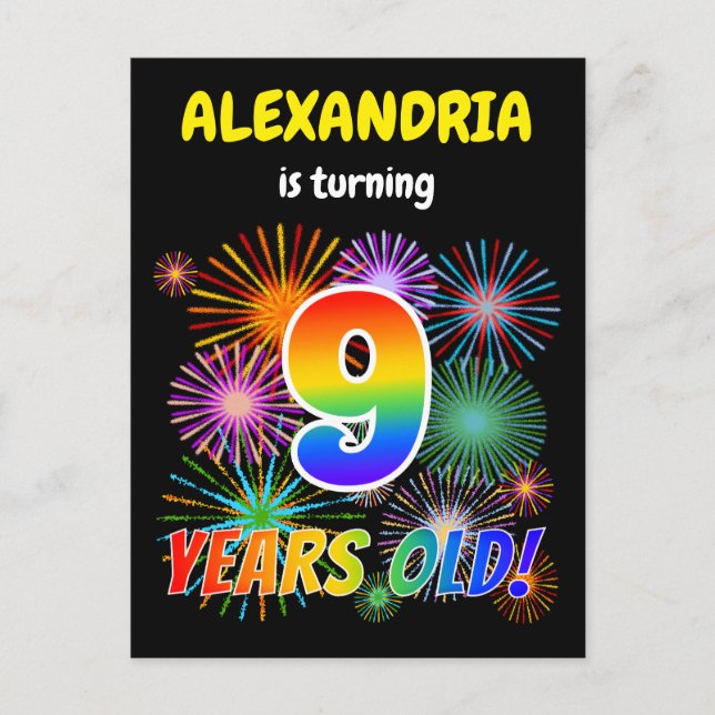 9th Birthday - Fun Fireworks, Rainbow Look "9" Postcard (Front)