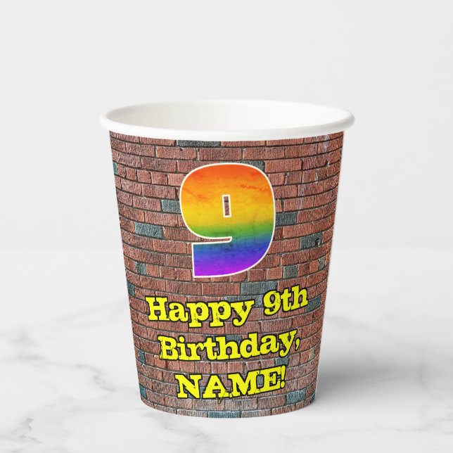 9th Birthday: Fun Graffiti-Inspired Rainbow 9 Paper Cups (Back)