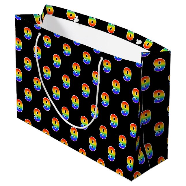 9th Birthday: Fun Rainbow Event Number 9 Pattern Large Gift Bag (Back Angled)