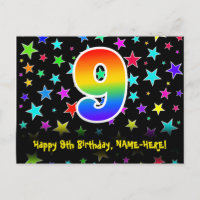 9th Birthday: Fun Stars Pattern, Rainbow 9, Name