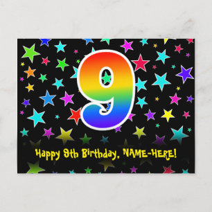 9th Birthday: Fun Stars Pattern, Rainbow 9, Name Postcard