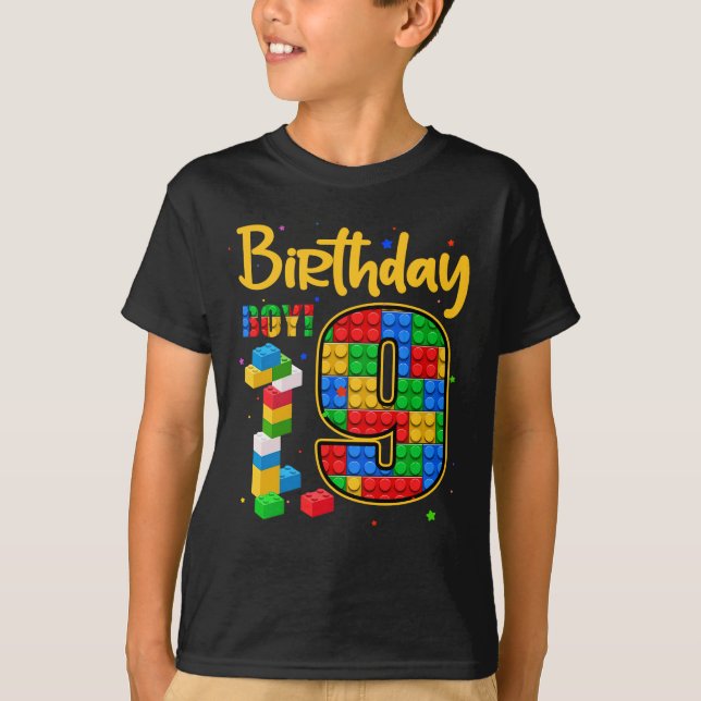 9th Birthday Gift 9 Years Old Block Building Boys  T-Shirt (Front)