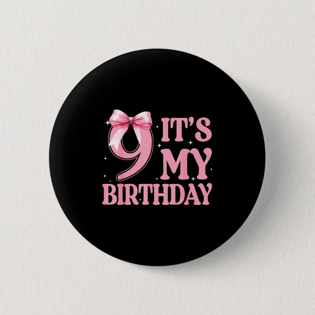 9th Birthday Girl Coquette Nk Bows 9 Year Old Birt 6 Cm Round Badge (Front)