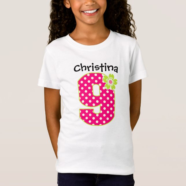 9th Birthday Girl Hot Pink & Green Dots T-Shirt (Front)