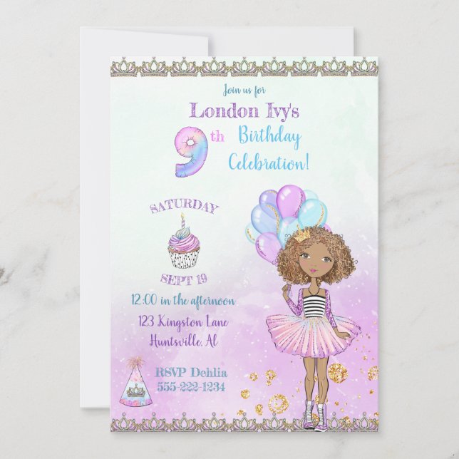 9th Birthday Girl Princess African American Invitation (Front)