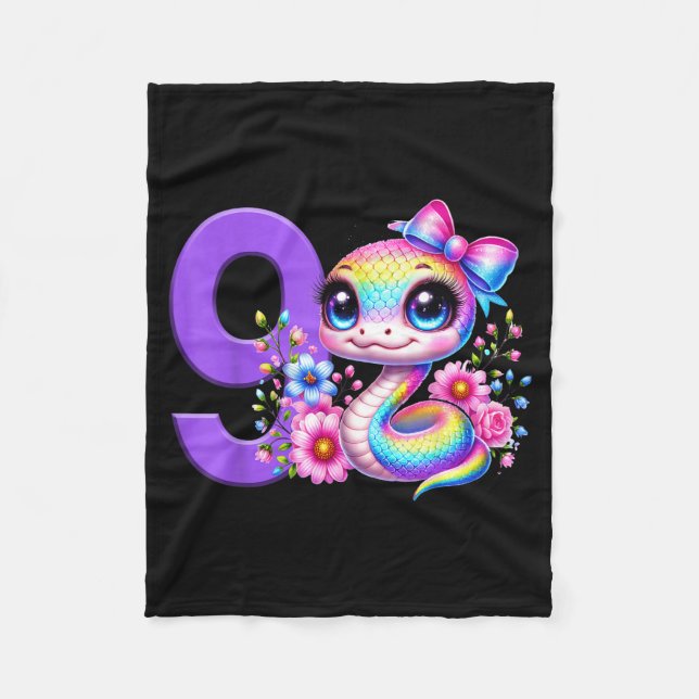 9th Birthday Girl Snake Party Rainbow Coquette Bow Fleece Blanket (Front)