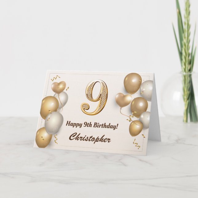9th Birthday Gold Balloons and Confetti Birthday Card (Front)