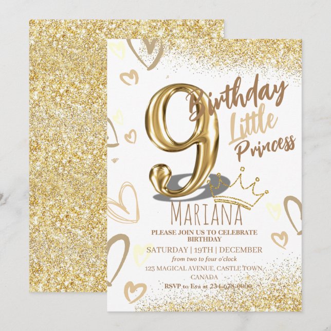 9th Birthday gold glitter Glamourous Girl Party Invitation (Front/Back)