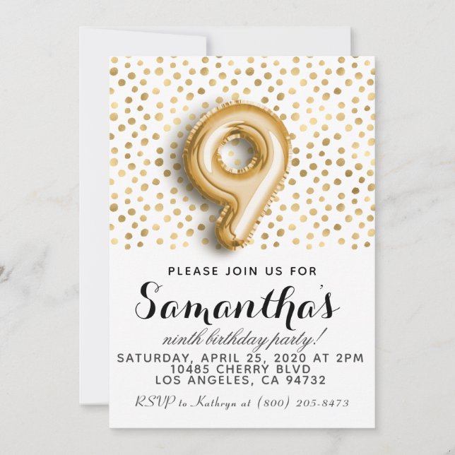 9th Birthday Gold Polkadot Invitation (Front)