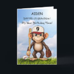 9th Birthday Grandson Personalise Baseball Monkey Card<br><div class="desc">Make your grandson’s 9th birthday unforgettable with this personalised baseball card! A playful monkey, bat in hand and glove ready, stands against a bright blue sky, bringing sporty fun to his special day. Add his name to the front for a custom touch he’ll love. This lively and cheerful design is...</div>