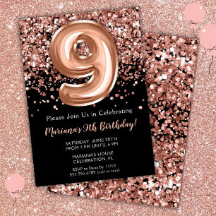 9th Birthday Invitation Black Rose Gold Glitter