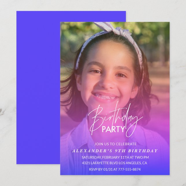 9th birthday invitation Party Photo Rainbow (Front/Back)
