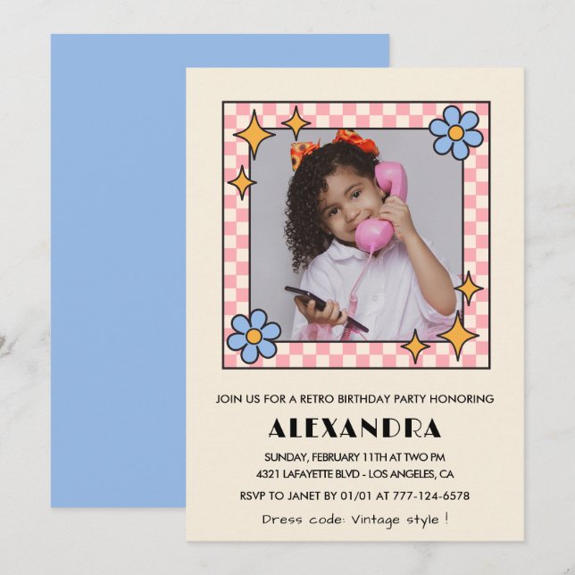 9th birthday invitation Retro Groovy Blue Floral (Front/Back)
