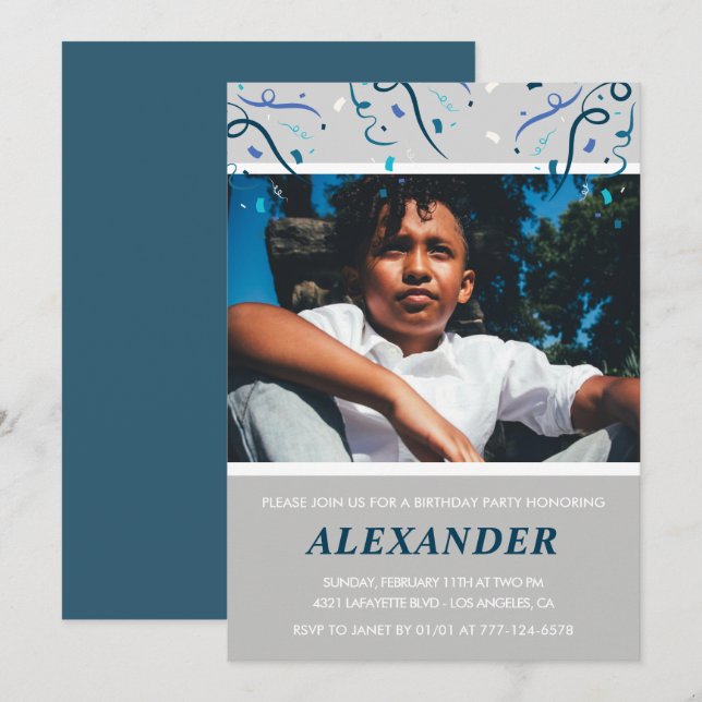 9th birthday invitations Boy Confetti Photo Navy (Front/Back)