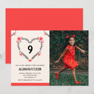 9th birthday invitations for her Floral Heart
