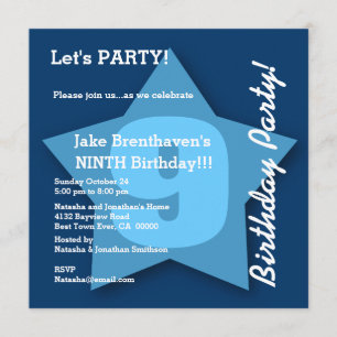 9th Birthday KIDS Nine Year Old Big Blue Star K09 Invitation