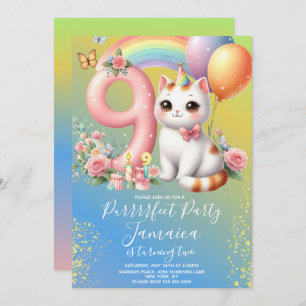 9th Birthday Kitten Rainbow Party Invitation