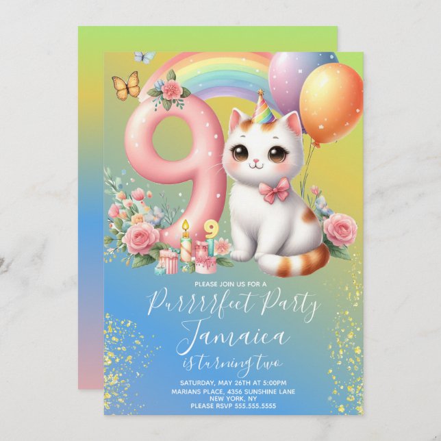9th Birthday Kitten Rainbow Party Invitation (Front/Back)