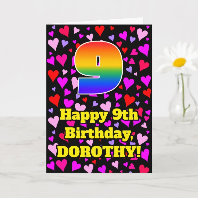 9th Birthday: Loving Hearts Pattern, Rainbow # 9 Card (Small Plant)