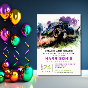 9th Birthday Monster Truck Smash Crash Boy Kids Invitation