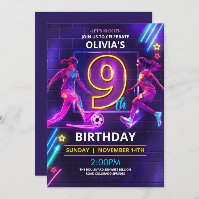 9th Birthday Neon Soccer Invitation (Front/Back)