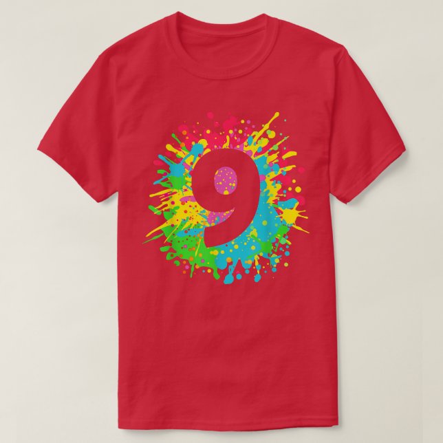 9th Birthday paint splashes  for kids, girls, boys T-Shirt (Design Front)
